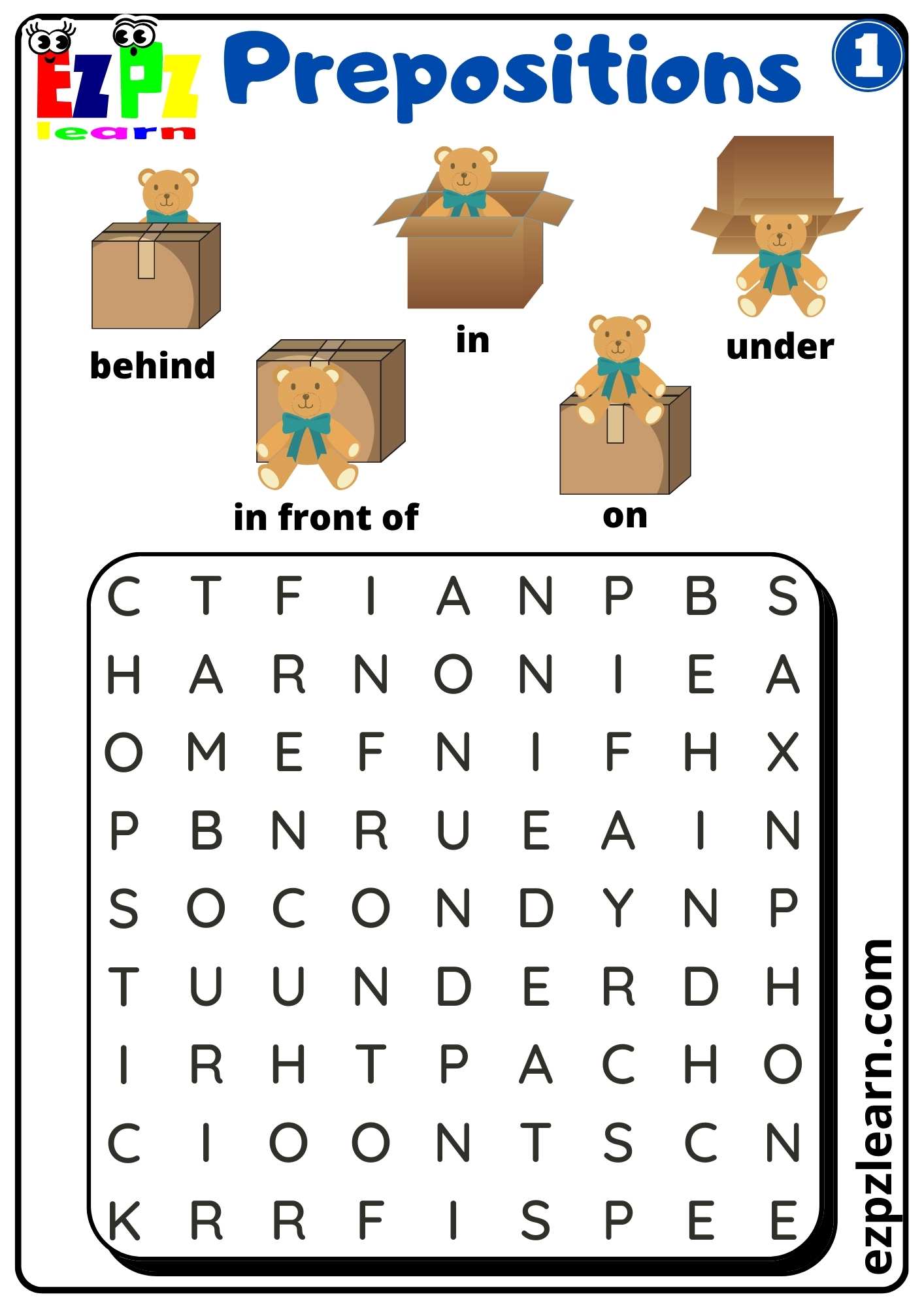 Prepositions of Place Word Search Worksheet for Kindergarten K5 and ESL Students G1